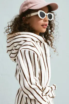 Robe de chambre en coton éponge - Blanc/rayures marron