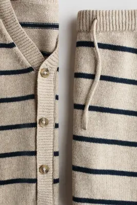 2-piece cotton-knit set - Beige/rayures bleues