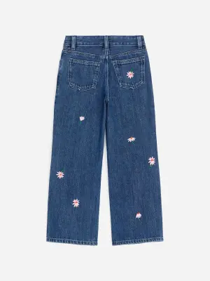 Jean brodé à jambes larges - Bleu foncé