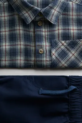 2-piece cotton set - Bleu marine/carreaux
