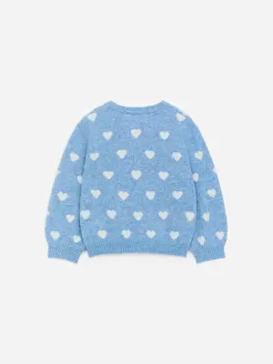 Cardigan en laine et alpaga - Bleu/Cœurs blancs