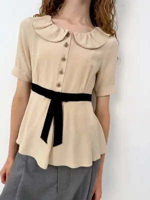 Fendi Beige & Black Bow Blouse