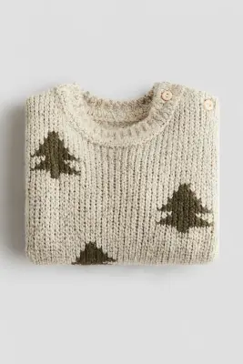 Pull en maille jacquard - Beige clair/sapins