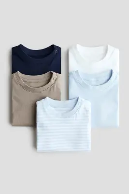 Lot de 5 T-shirts en coton - Bleu clair/beige