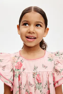 Robe en seersucker de coton - Rose clair/roses