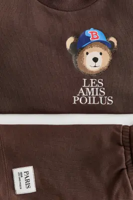 Ensemble 2 pièces en molleton avec motifs - Marron foncé/nounours