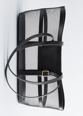 Sac cabas en mesh à bordures en cuir - Noir