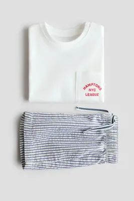 Ensemble 2 pièces T-shirt et short - Blanc/rayures bleues