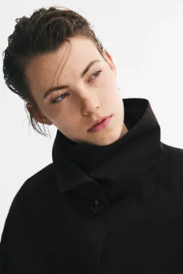 Veste en twill avec col cheminée - Marron foncé