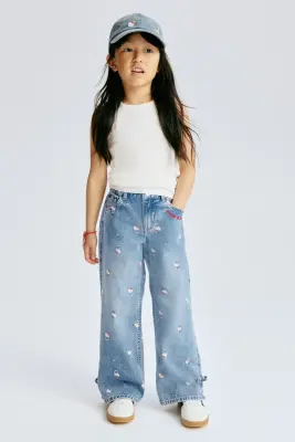 Printed Wide Leg Jeans - Bleu denim/Hello Kitty
