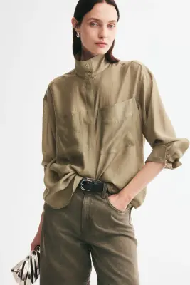 Chemise oversize à col droit - Vert kaki
