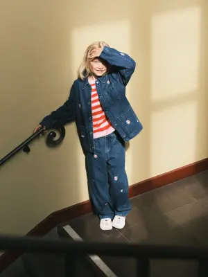 Veste utilitaire en denim brodée - Bleu/Fleurs