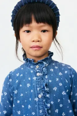 Chemise volantée en denim - Bleu denim/fleuri
