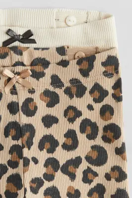 Lot de 2 leggings en coton côtelé - Crème/imprimé léopard