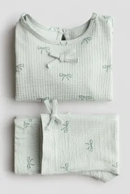 Ensemble 2 pièces en coton gaufré - Turquoise clair/nœuds