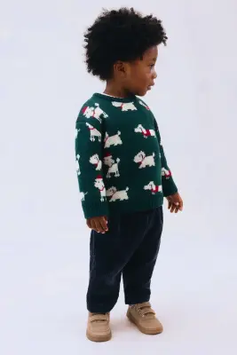 Pull jacquard en coton - Vert foncé/chiens