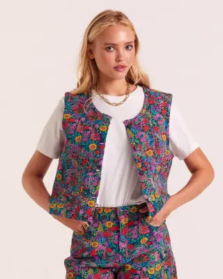 Gilet Mike en tissu Liberty violet, jaune et rose