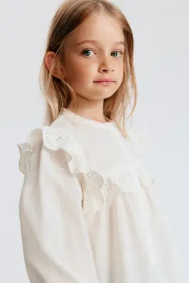 Blouse à volant ruché en coton - Ivoire
