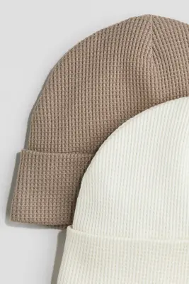 Lot de 2 bonnets en coton - Beige foncé/crème