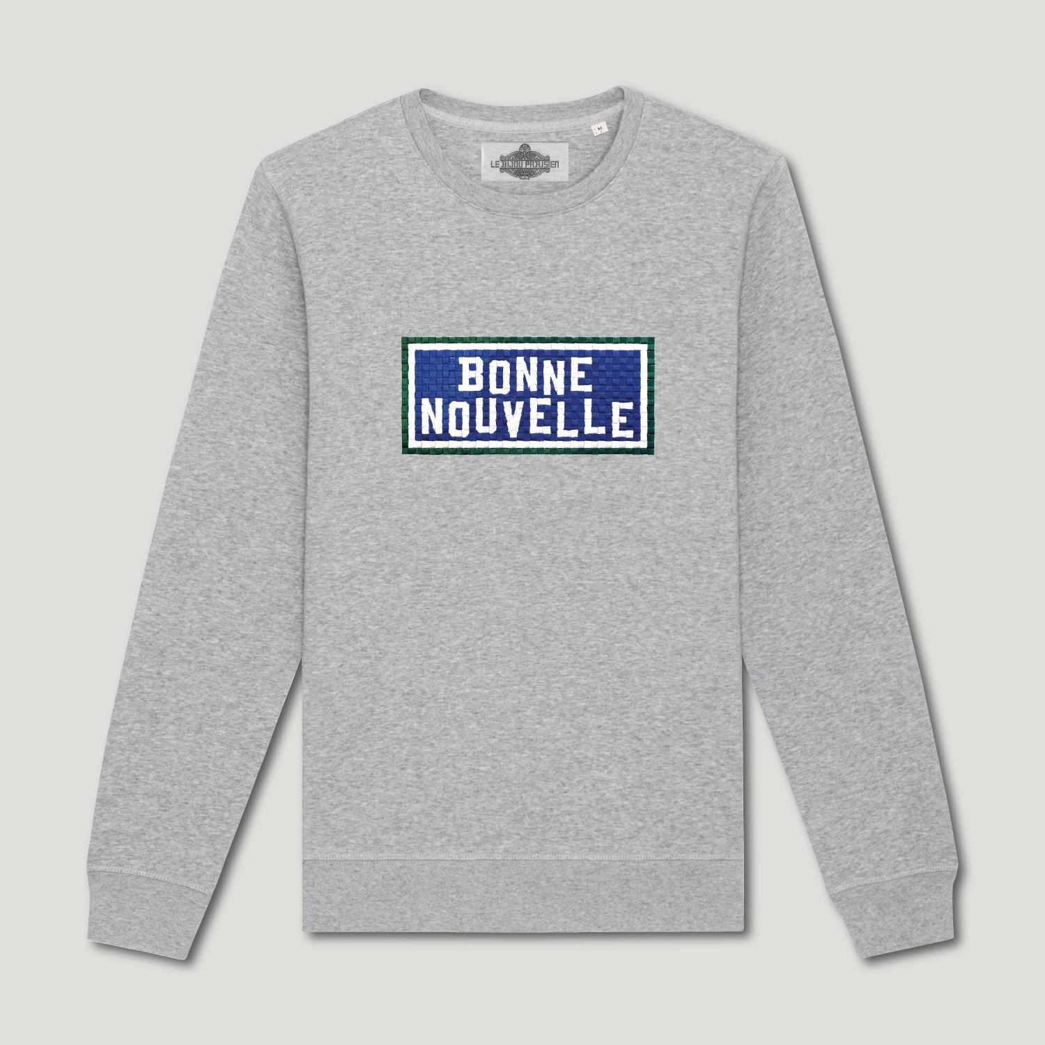SWEAT SHIRT COTON BIO BRODÉ - BONNE NOUVELLE - GRIS