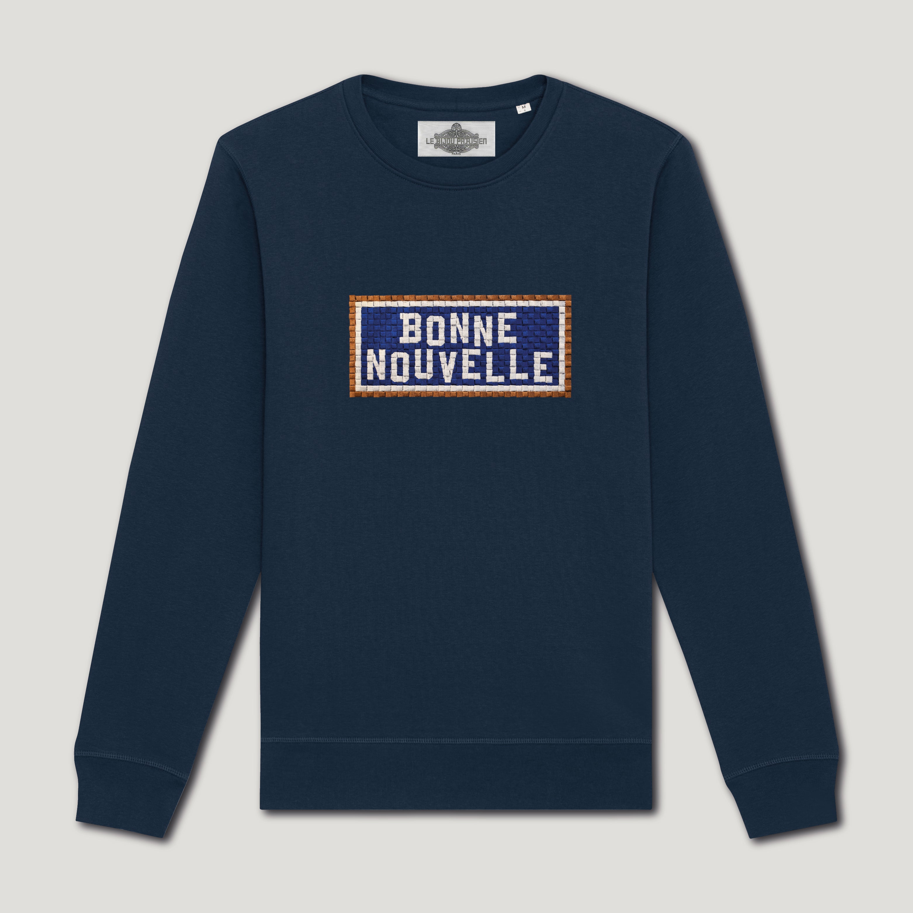 SWEAT SHIRT COTON BIO BRODÉ - BONNE NOUVELLE - NAVY